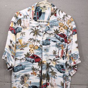 Mens L Islander Hawaiian Shirt Button Up SS Hot Rods Outrigger Tiki Pattern